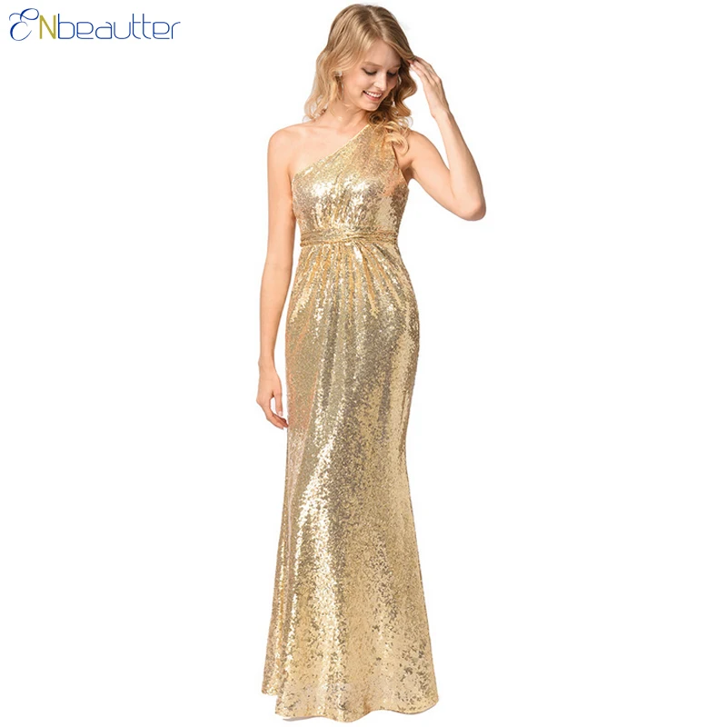 ENbeautter Elegant Evening Party Club Dress Women 2018 New Gold Sequined Oblique Collar Backless
