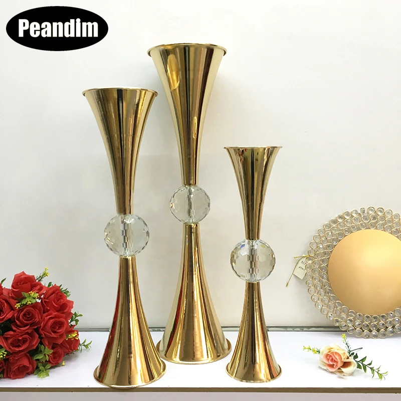 PEANDIM Gold Flower Vase With Big Crystal Ball Wedding Flower Vase Holders Table Centerpieces Candlesticks For Party Home Decor