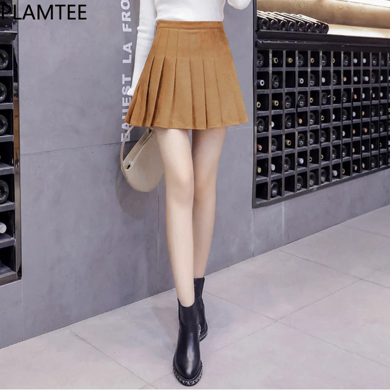 PLAMTEE Loose High Waist Suede Pleated Skirt New Solid Color Korean Style Skirts Womens All Match Slim Formal Saias Size S- XXL | Женская
