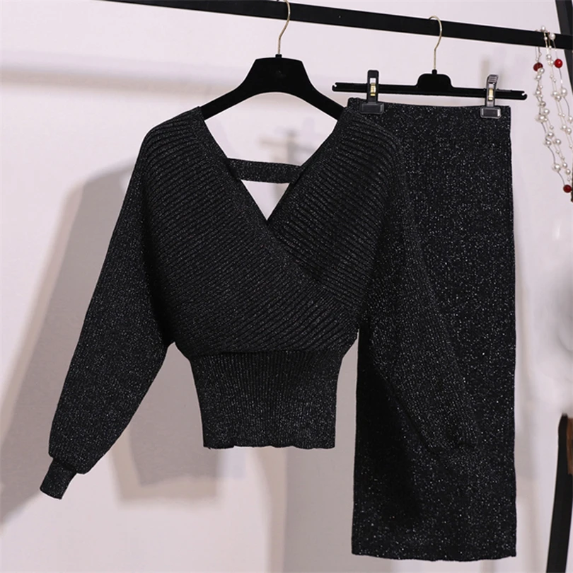 

Spring Knitted 2 Piece Set Women V Neck Lantern Sleeve Sweater and Elastic Waist Knitted Skirt Women Sweater Suit