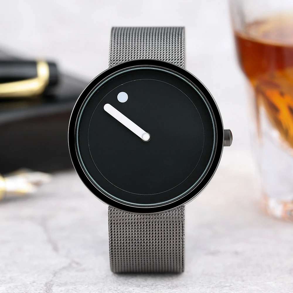 

Simple Generous Man's Wrist Watch Rounded Dail Mesh Band Creative Surface Black White Two Styles Male Business Clock Best Gift