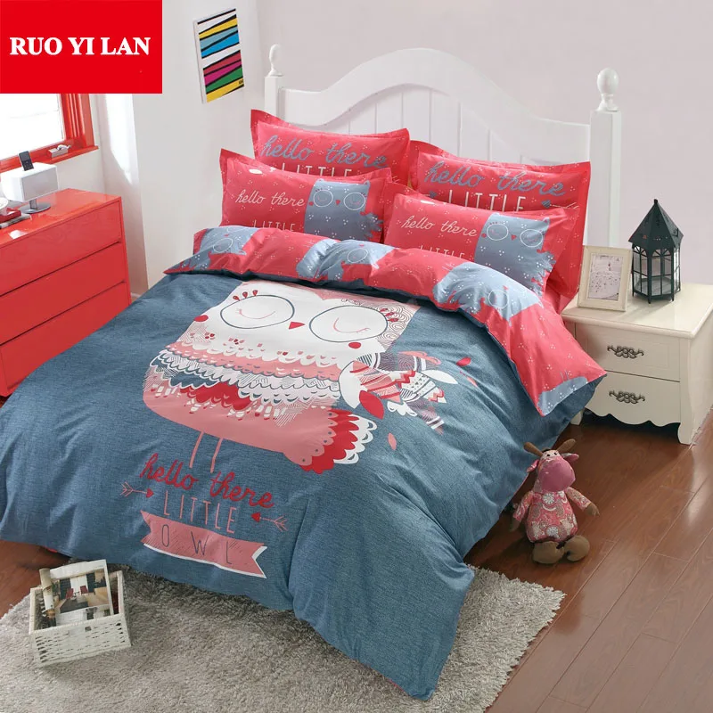 

Hello There Little Owl 100% Cotton Duvet Cover Set Queen Size Quilt Cover+Bed Sheet+Pillowcase Four-piece Home Bedding Cartoon