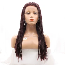 Natural Hairline 16-26 inch Long 99J Color Futura Fiber Heat Resistant Pre Braided Twist Braid Synthetic Lace Front Wigs