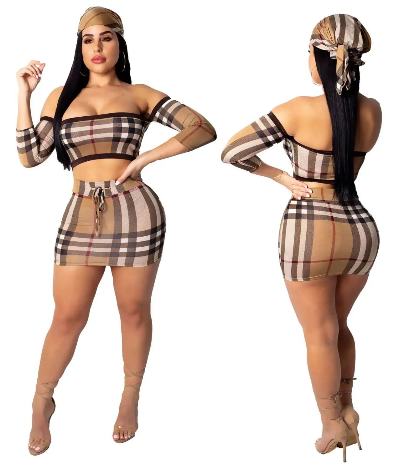 

Women Two Piece Outfits Sexy Print 2 Pieces Skirt Set Women Off Shoulder Half Sleeve Tops Mini Skirt Suits Bodycon With Kerchief