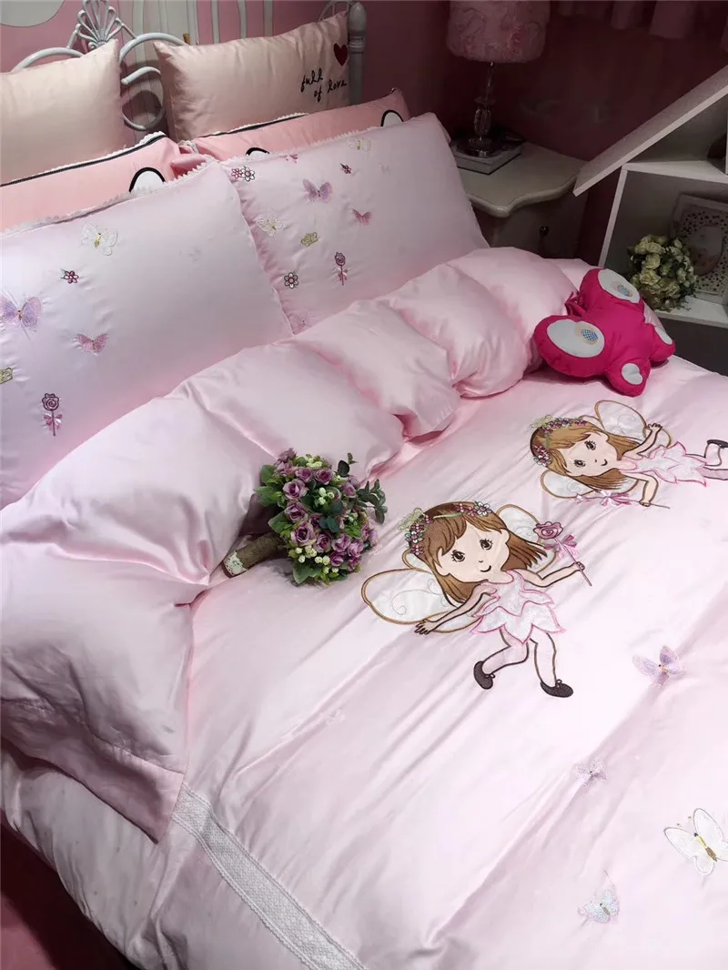 Розовый мультфильм принцесса вышитый Египетский хлопок кружева набор постельных принадлежностей для девочек пододеяльник постельное белье простыня наволочка подарок для ребенка