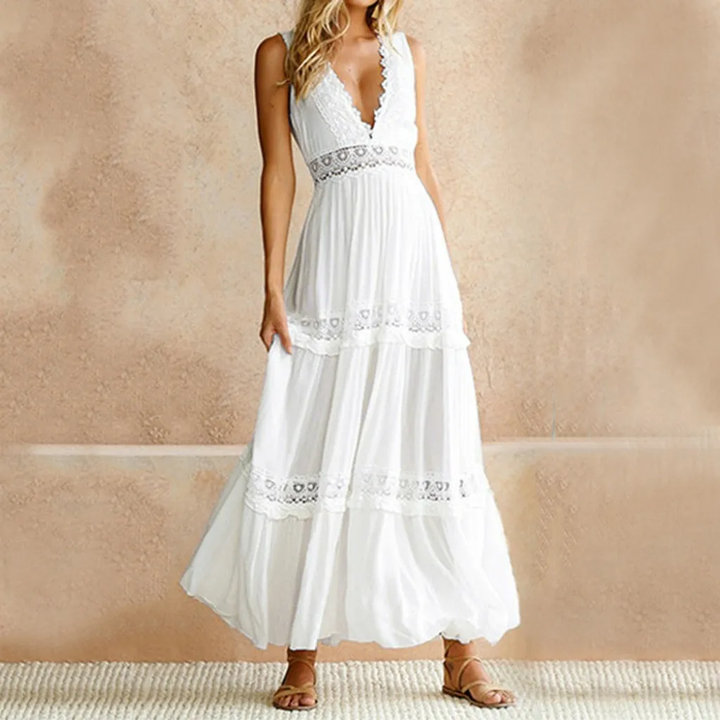 

2019 selling ins summer Women's Elegant Lace dresses Deep V Neck Sexy Maxi Dress white beach sundress dress vestido branco