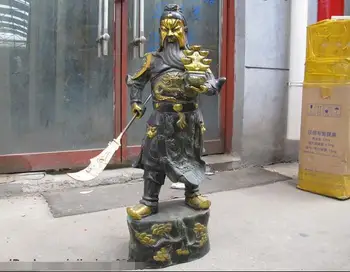 

30" China copper Bronze Dragon Yuan bao Lucky wealth Guan Gong warrior Statue