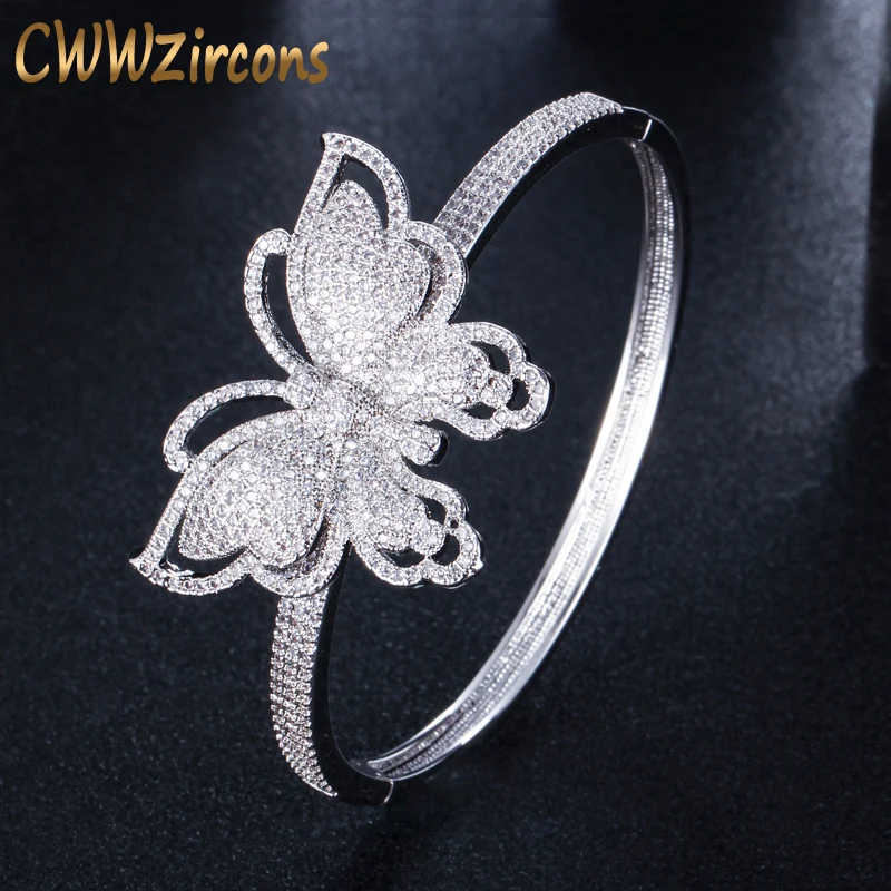 

CWWZircons Brand Micro Pave Cubic Zirconia Stones Geometric Butterfly Shape Big Wide Silver Color Open Bangles For Women BG008