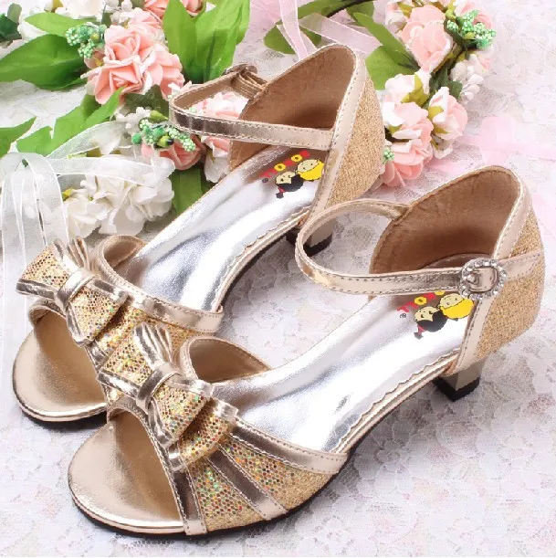 Free Shipping Shiny Glitter Fashion Gold Kids Shoes for Children Girls Sandals with Bowsin