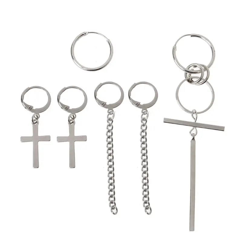 

3 Pair Titanium Steel Cross Long Chain Drop Earrings Kit Korean Fashion Jewelry