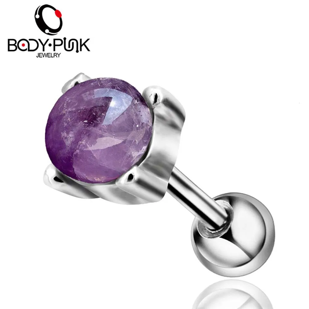 Панковские серьги 16 г из нержавеющей стали для пирсинга, ювелирное изделие, фиолетовый камень, гвоздик для Козелка, спираль, кольца, серьги для женщин