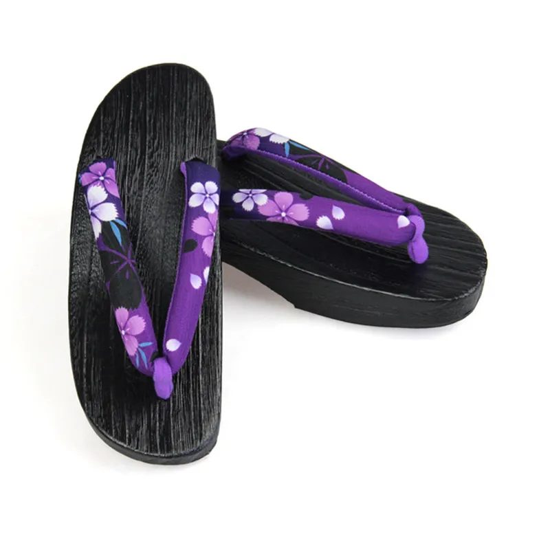 Women's Med Heel Black Burned Wood Sandals Flip Flops Summer Slippers Cosplay Shoes Crescent Moon Shaped Classic Japan Geta