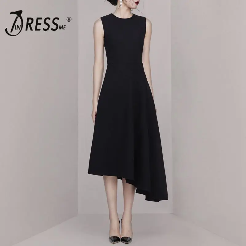 

INDRESSME 2019 New Sexy O Neckline Sleeveless Asymmetrical Hemline Little Black Dress Midi Dress