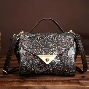 

Women Genuine Embossed Leather Messenger Bag Vintage famous brand Casual Shoulder Bag Retro Cowhide Tote Purse Handbag