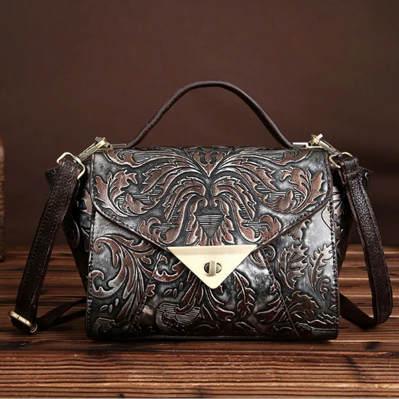 Women Genuine Embossed Leather Messenger Bag Vintage famous brand