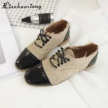 Женские туфли-оксфорды; Лоскутная обувь на шнуровке с круглым носком; обувь на низком каблуке; женская модная повседневная обувь; женская весенняя обувь года