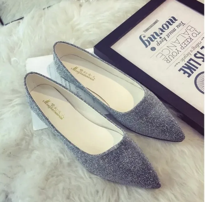 

new 2016 spring silver glitter women flats ladies pointed toe flat shoes woman shallow slip on casual women shoes zapatos mujer