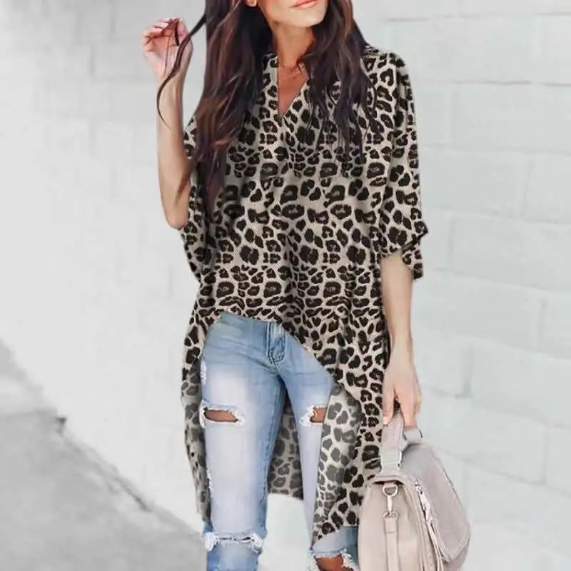 Fashion Women's Casual  Blouse Half Flare Sleeve Long Shirt  Summer Ladies Irregular Leopard Print V-Neck Womens Tops and Blouse