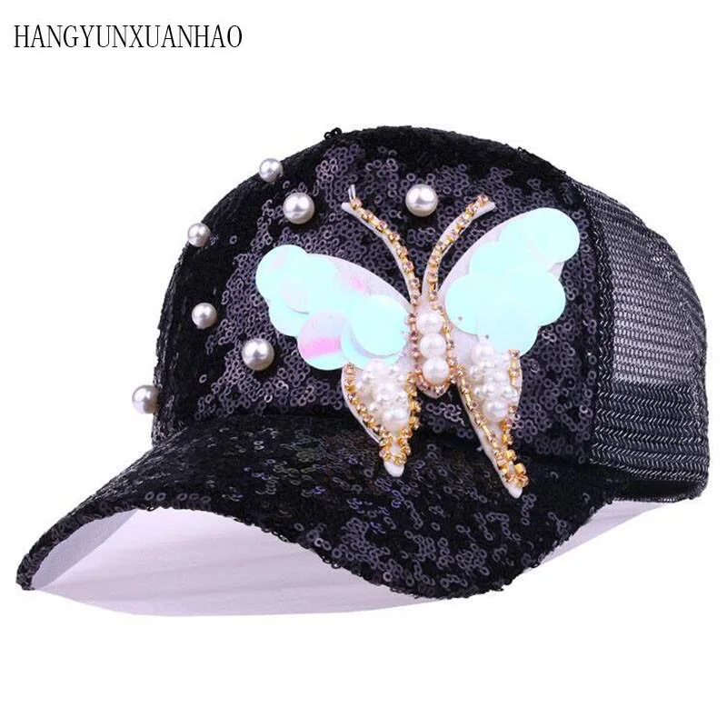 

Luxury Women Baseball Cap Brand Bling butterfly Pearl Sequins Hip Hop Cap Vintage Snap Back Design Cap Casual Snapback Hat New