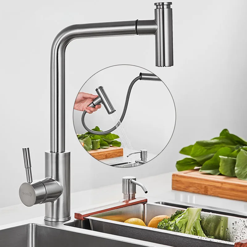 Multi-Function SUS 304 Stainless Steel Kitchen Sink Mixer Tap Swivel Spout Sink Faucet Copper with Pull Out Nozzle Spayer