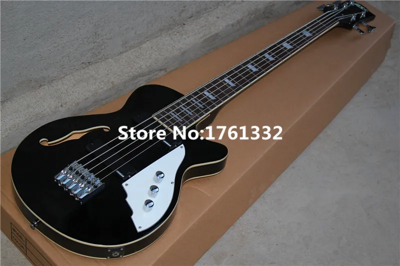 

Factory custom 22 frets 5 strings black electric bass with f hole ,chorme hardware,2 pickups,can be changed as request