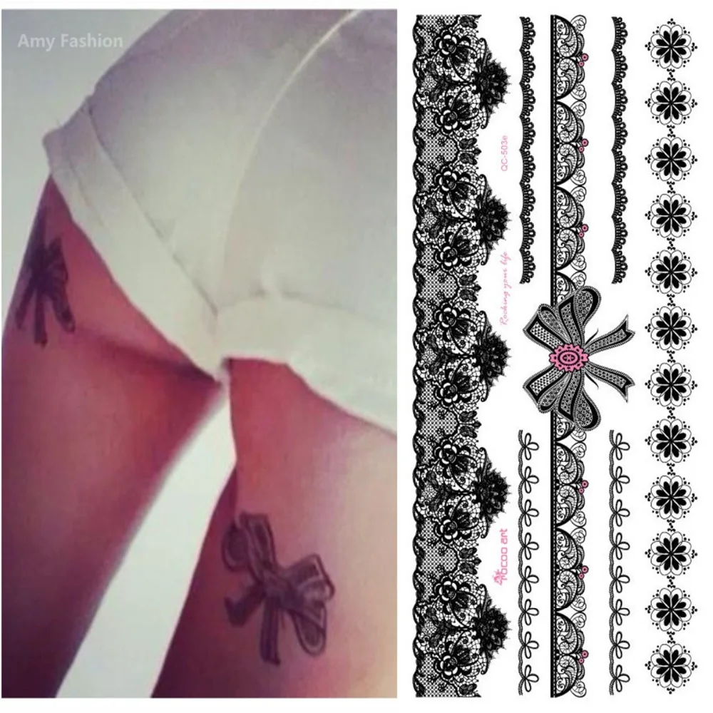 

Newest Product Temporary Sexy Black Lace Bow Design Tattoo Sticker for Body Leg