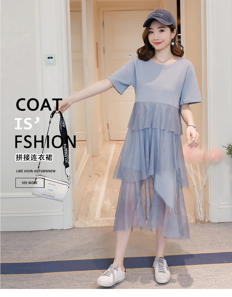 2019 Летние Новые Нерегулярные сетки сплайсинга хлопок мода платье корейский с короткими рукавами юбка для беременных