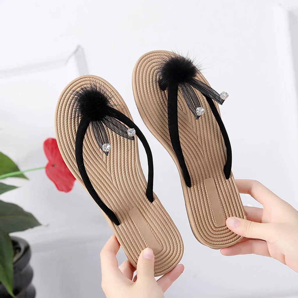 Women Flip Flops Cute Rabbit Decoration Summer Slippers Ladies Crystal Cartoon Flip Flops Slippers Beach Sandals Shoes,Beige,5