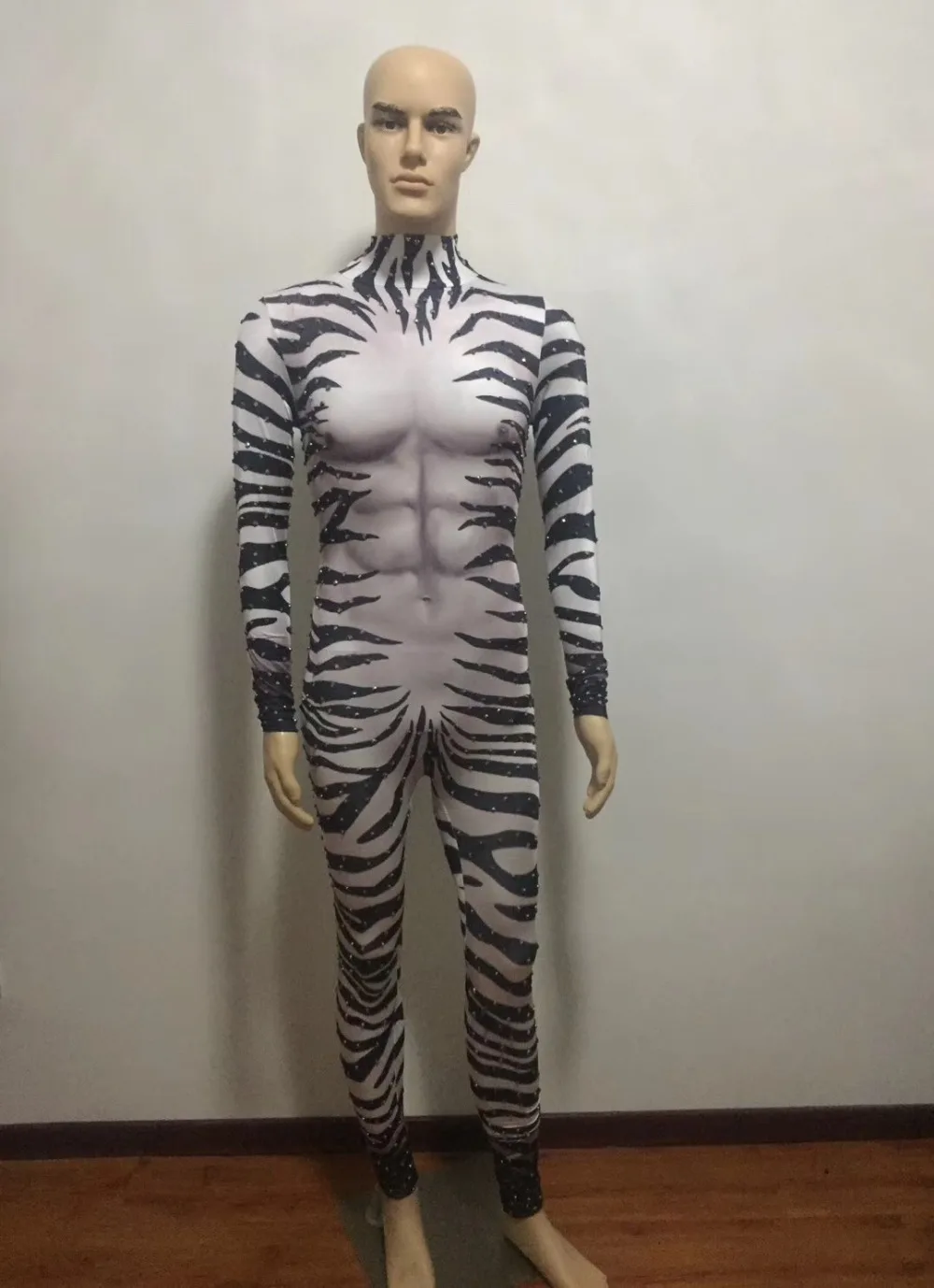 

Men Stage Zebra Printed Bling Stones Jumpsuit Prom Party Celebrate Performance Outfit Glisten Crystals Rompers Costume Rompers