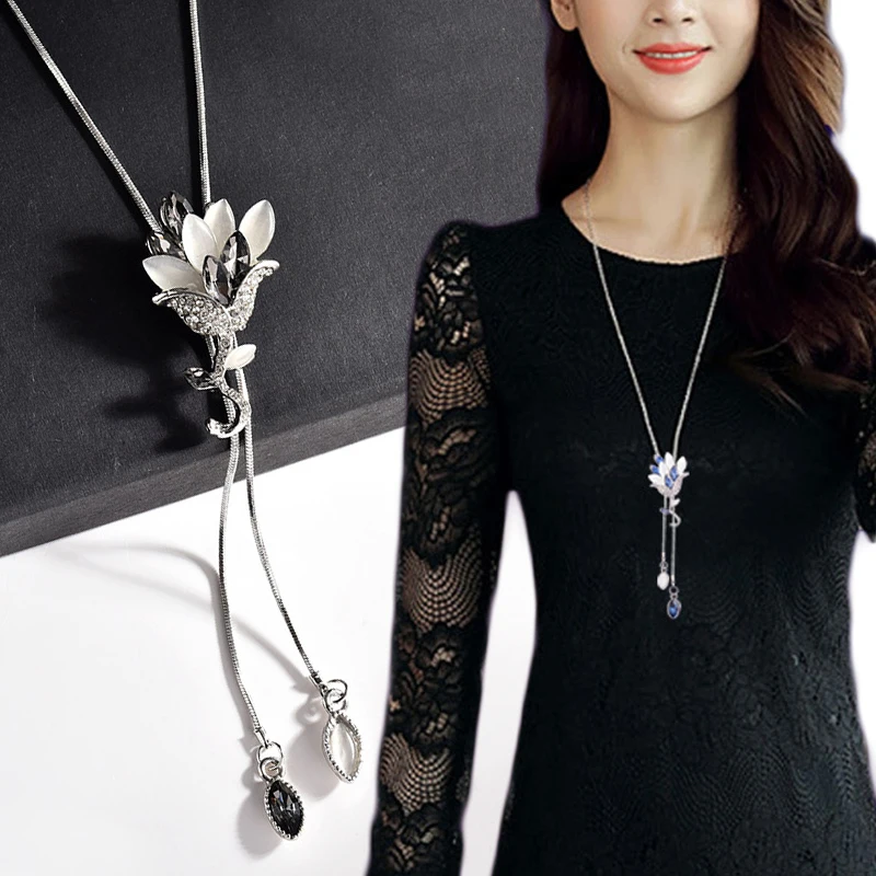 

Crystal Gray Pendant Necklaces Tassel Dress Accessories 1PC Blue Zircon Temperament Adjustable Flower Long