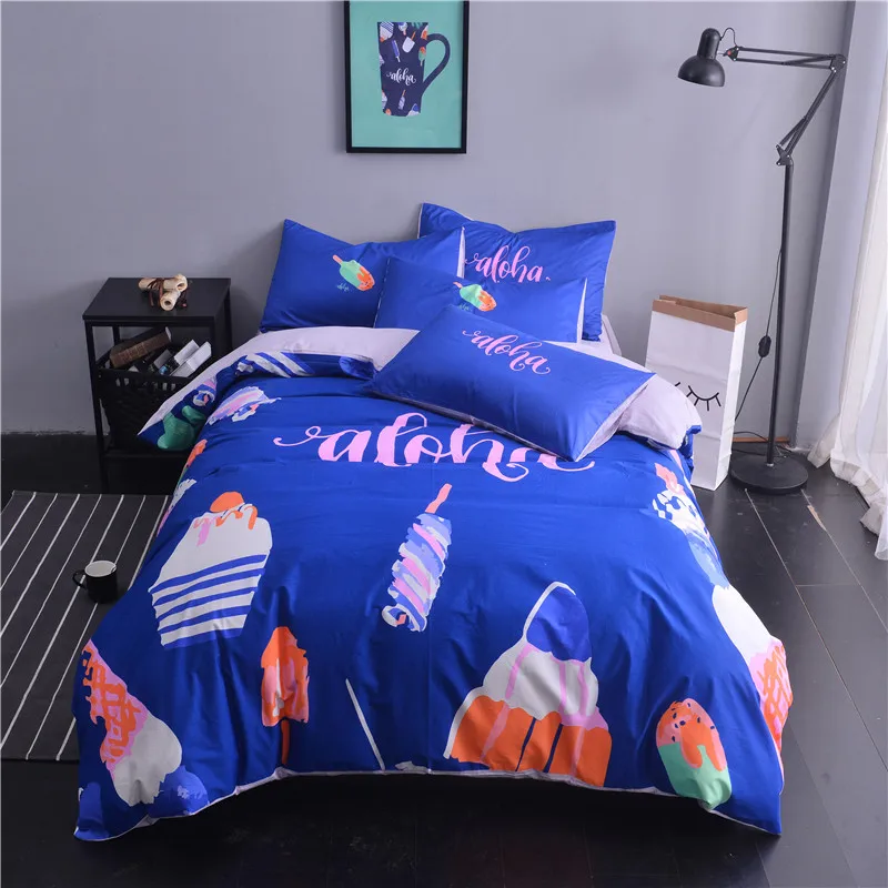 

Summer Cartoon Ice Cream Pattern Bedding Set Cartoon Bed Duvet Cover For Kids Girls 4Pcs Sheet Pillowcase Bed Set Home Textile