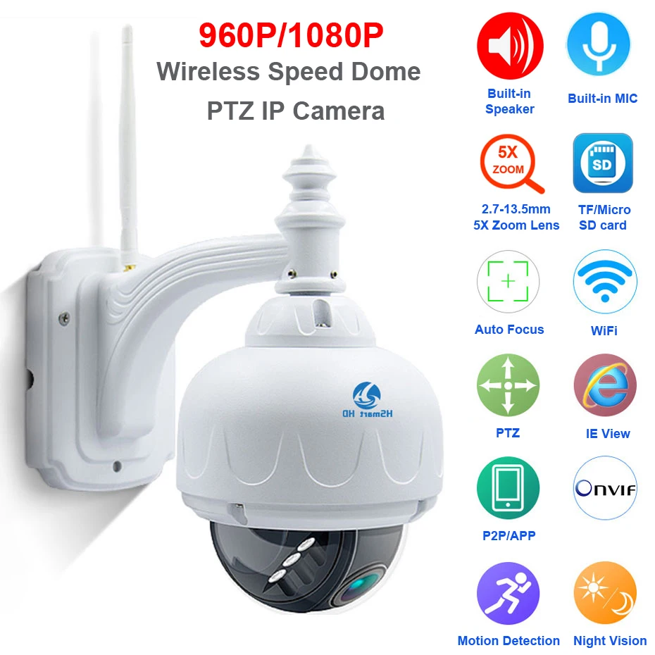 Беспроводной IP Скорость купол Камера Wi-Fi HD 1080P PoE IP PTZ открытый безопасности MIC Аудио CCTV 2,7-13,5 мм Автофокус 5X Zoom SD Card ONVIF IPC