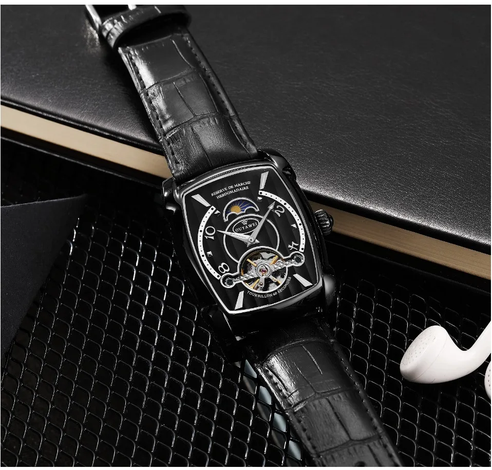Роскошные OYW модные автоматические мужские механические часы Tourbillon деловые часы Tonneau Форма кожаные Наручные часы Relojes Hombre