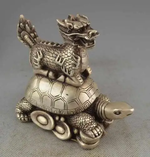 

35SHUN Collectible China Old Cultre Tibet Silver Kylin And Turtle Lucky Statue Decor