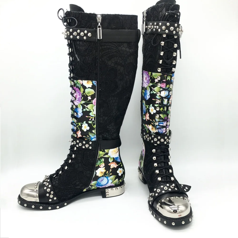 Block Zipper Kniehohe Studs Black Up Echt Heels Floral Damen Weibliche Niet Lange Leder Stiefel floral Frauen Schwarz Lace Schaft Kuh z7nxv7S
