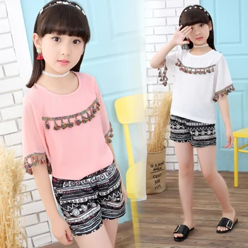

2018 Hot Girls Sets Summer Suit Ethnic Style Short Sleeve T Shirt +pant Two-piece Sets 3-13 Ages Pink and White Color