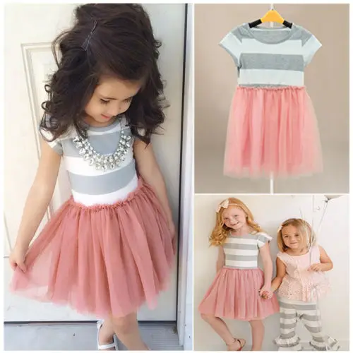 

UNIKIDS Summer Kids Girls Toddler Baby Princess Short Sleeve Striped Fancy Dress Clothes Free Shipping Drop Shipping