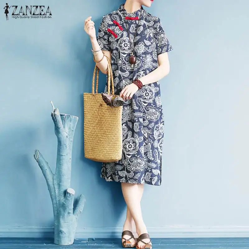 Летнее женское винтажное платье ZANZEA в китайском стиле с принтом, платья до середины икры Chipao размера плюс, сарафаны, вечерние платья, женские платья