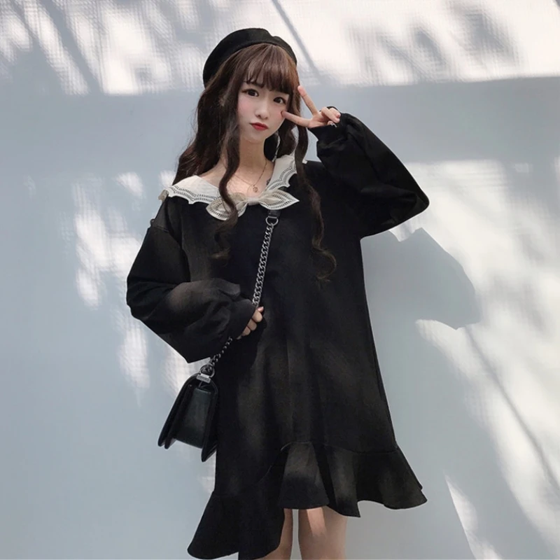 

Gothic Japan Style Retro Cute Black Peter pan Collar Bow Girls Dress Temperament Ruffles Loose Woman Dress Long Sleeve MiniDress
