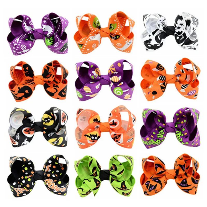 

Print Halloween Ribbon Bow Hair Clips for Kids Baby Hairpins Pumpkin Bowknot Party Women Hairclips Headdress Hair Accessories