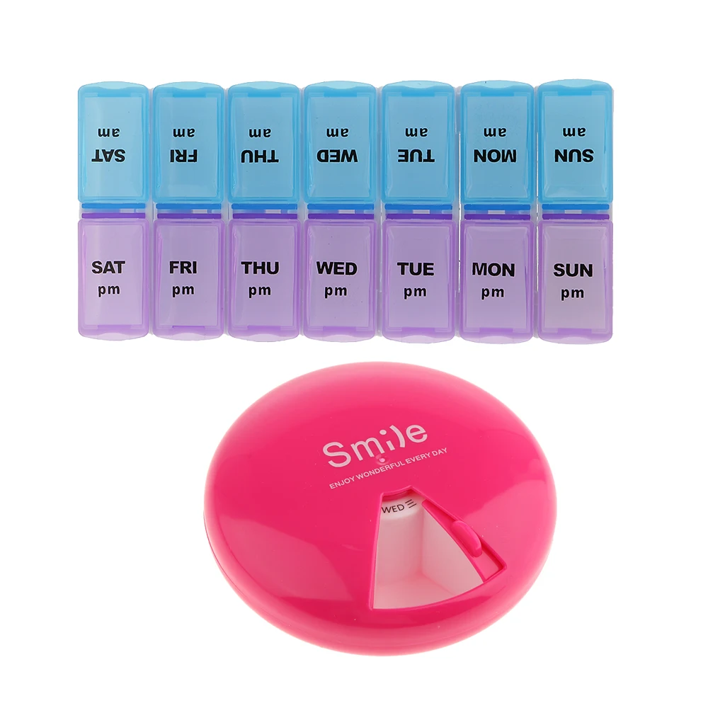 

2pcs Week 7 Days Pill Storage Box Week Medicine Tablet Vitamin Organizer Travel Case AM PM Round