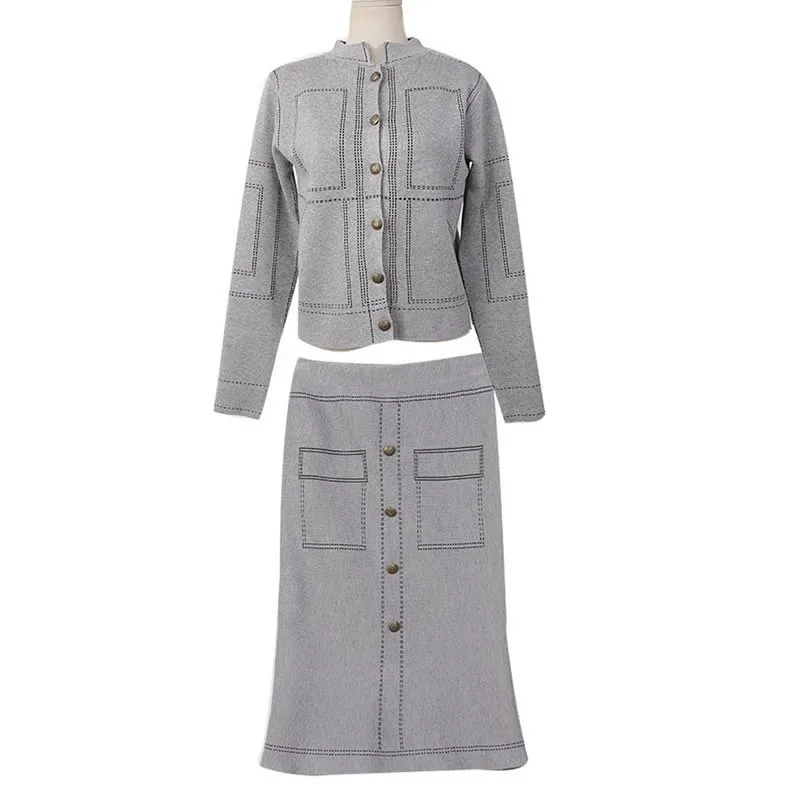 Foamlina Sexy Women Two Pieces Sets 2018 Autumn Knitted Suits Geometric Pattern Long Sleeve Cardigan + Pencil Skirt Sets Women