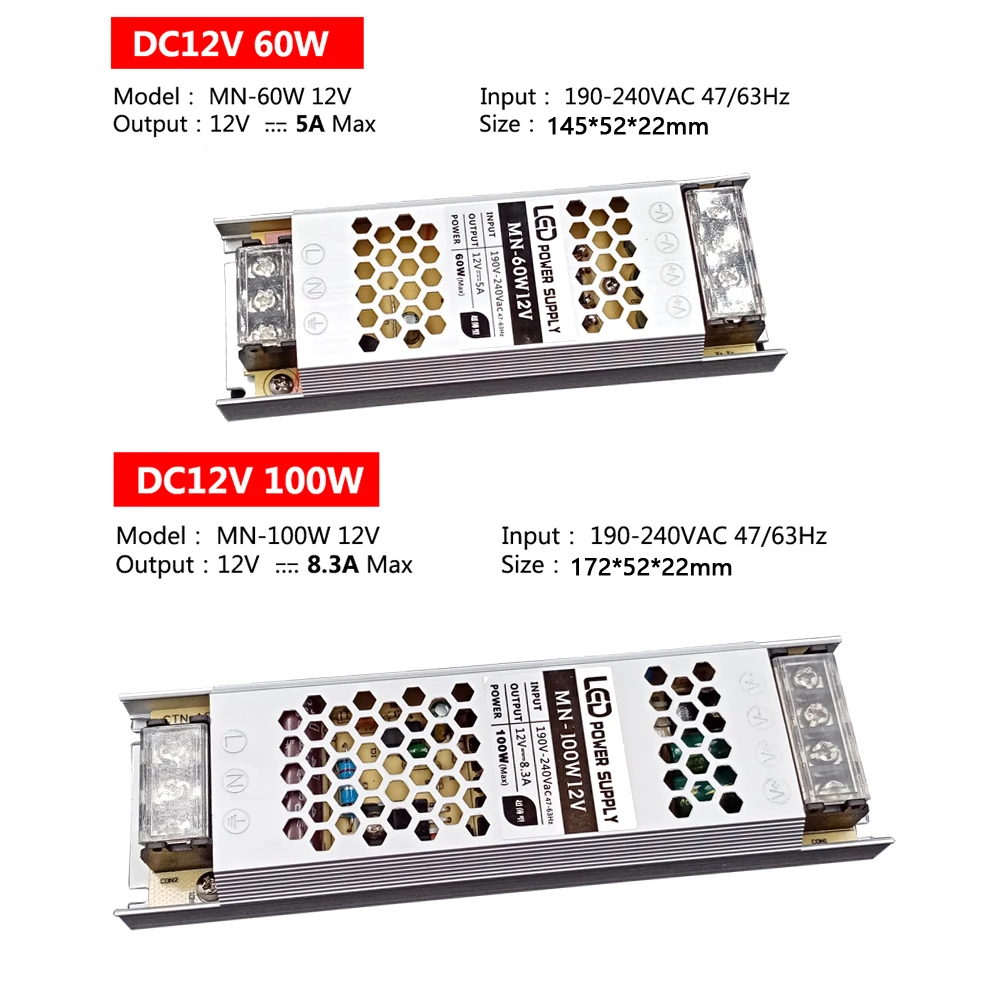 Ультра тонкий светодиодный Питание DC 12V 24V трансформаторы систем освещения 60W 100W 150W 200W 300W AC190-240V драйвер для Светодиодный полоски светодиодный драйвер