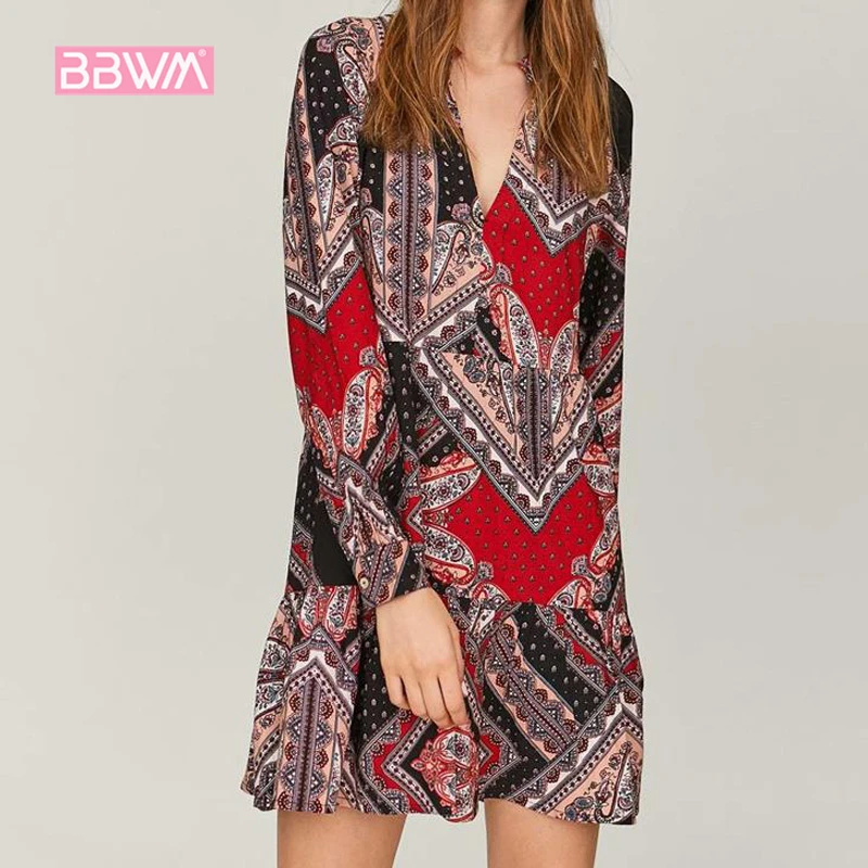 

2019 spring new women's fashion wild slim slimming V-neck long-sleeved printed shirt dress female