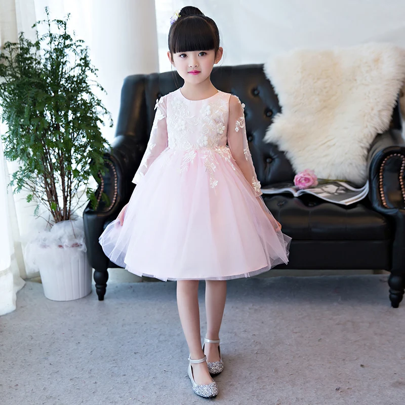 

2019 New Korean Sweet Beautiful Children Girls Pink Color Princess Dress Kids Children Long Sleeves Birthday Wedding Party Dress