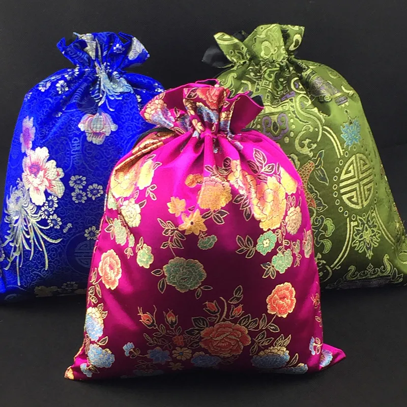 

Elegant Flower Drawstring Women Shoes Bag Travel Portable Bra Underwear Bag Chinese Silk Brocade Pouch with lined 2pcs/