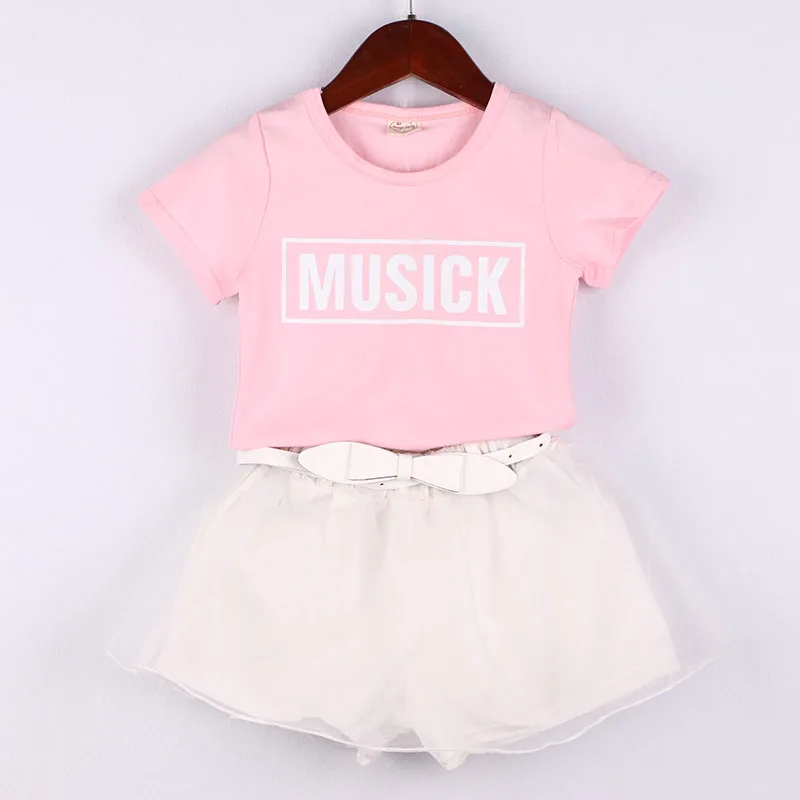 Girls Clothes Set Short Sleeve Pink Letter Shirt And White Organza Shorts With Bow Belt Unique Fashion Kids Girl's Sets | Детская