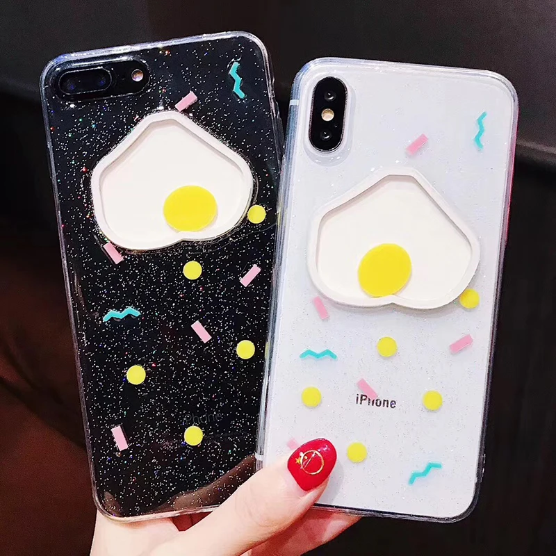 Hot selling Funny Cartoon poached egg Case For iPhone 7 Case For Apple iphone X 6S 6 7 8 Plus Soft  TPU Clear Glitter Phone Case (2)