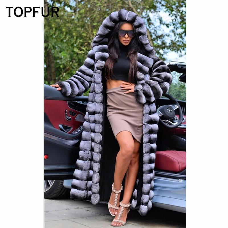 

TOPFUR New Style Women Real Fur Coat With Fur Hood Winter Natural Rex Rabbit Fur Outwear Fashion Long Rex Rabbit Fur Coat