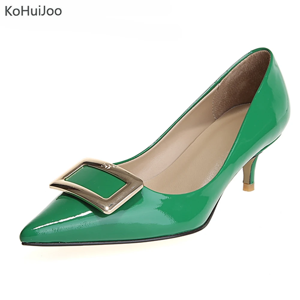 

KoHuiJoo Spring Summer Wedges Pumps Genuine Leather Women Shoes Spike Heel Pointed Toe Buckles High Heel Green Shoes for Ladies